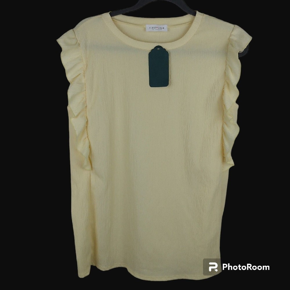 First Love By Lovelyn Yellow Crinkle Ruffle Sleeve Blouse Top Women's Large NWT